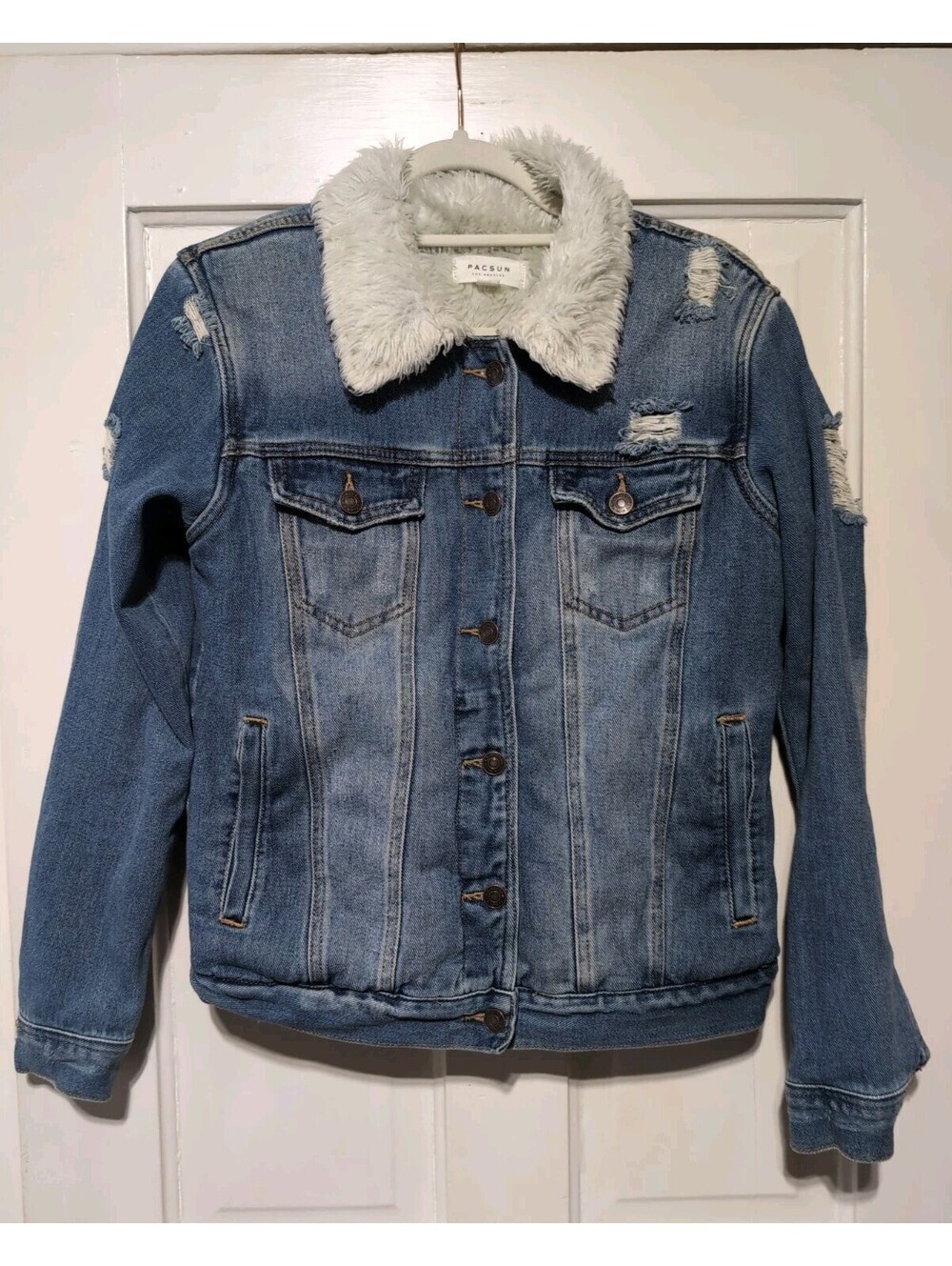 Pacsun Denim Trucker Jacket Distressed Y2K Lined Furry Woman's S(C)